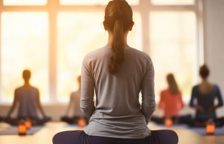 ヨガクラスでマットに安楽座で座る女性の後ろ姿