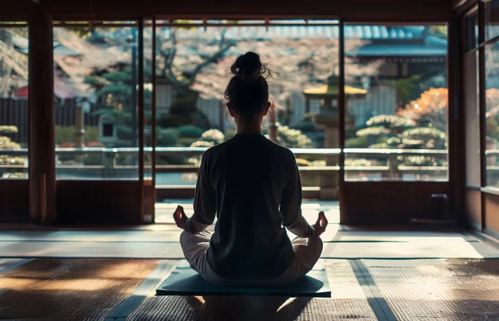 古民家の中で安楽座で座る女性の後ろ姿