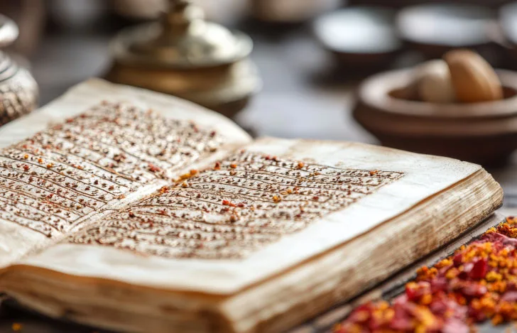 机の上に開かれた状態で置かれた『ヴェーダ』の経典