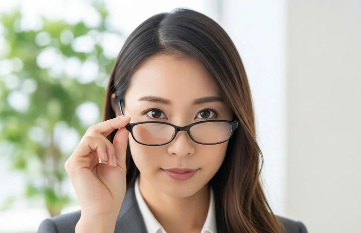 メガネを下げてまっすぐ見つめる長い髪の女性