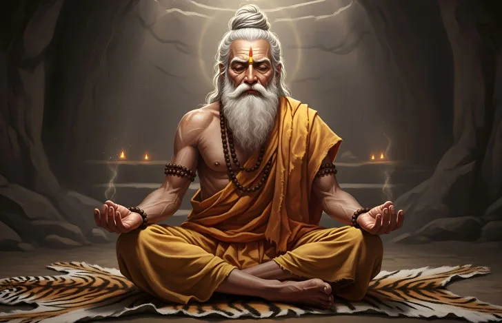 リシと呼ばれる聖者が安楽座で座る様子