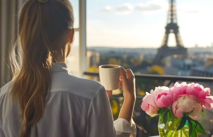 エッフェル塔が見える窓辺でマグカップを持って立つ 女性の後ろ姿