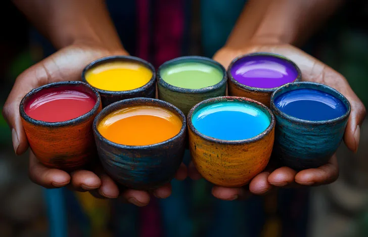 7色の塗料が入った器を持つ人の手元