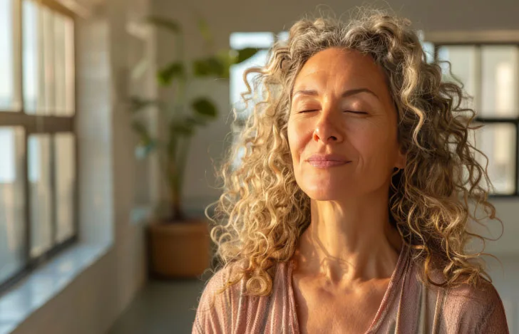 室内で目を閉じて微笑む長いグレーヘアの女性