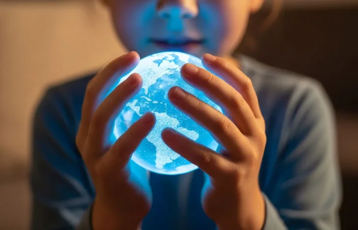 青白く光る地球儀を持つ子供の手元