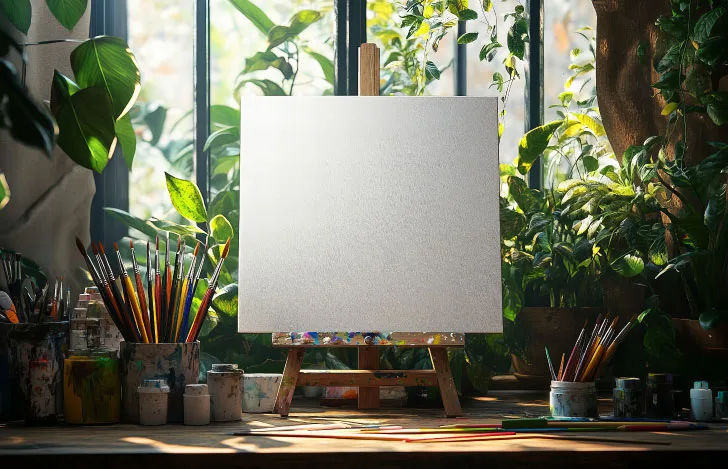 窓辺に置かれた机の上のイーゼルとカンバスと画材