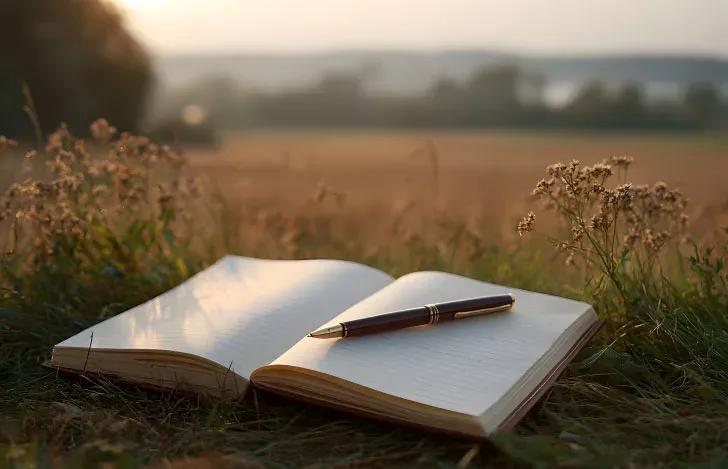 開けた自然を背景にし夕陽に照らされたノートとペン